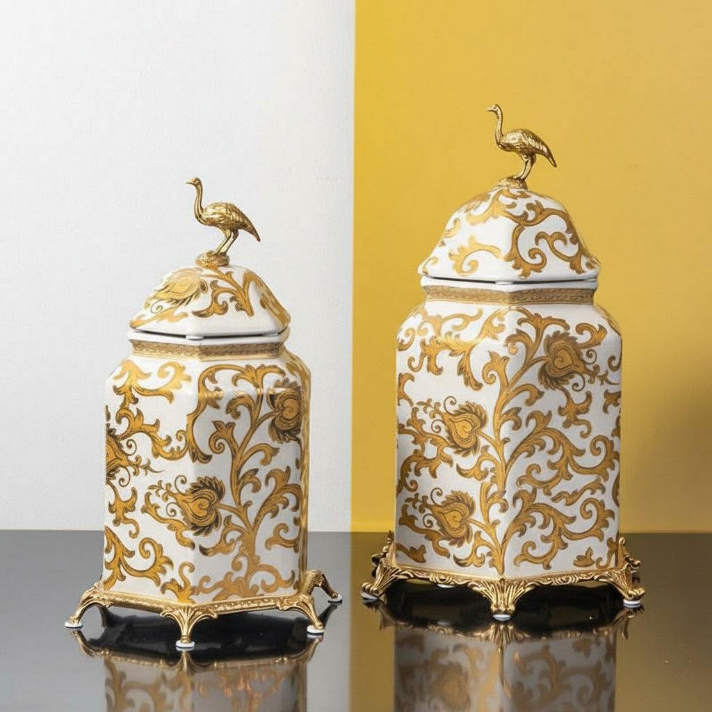 White and gold ceramic jar with bird finial front view
