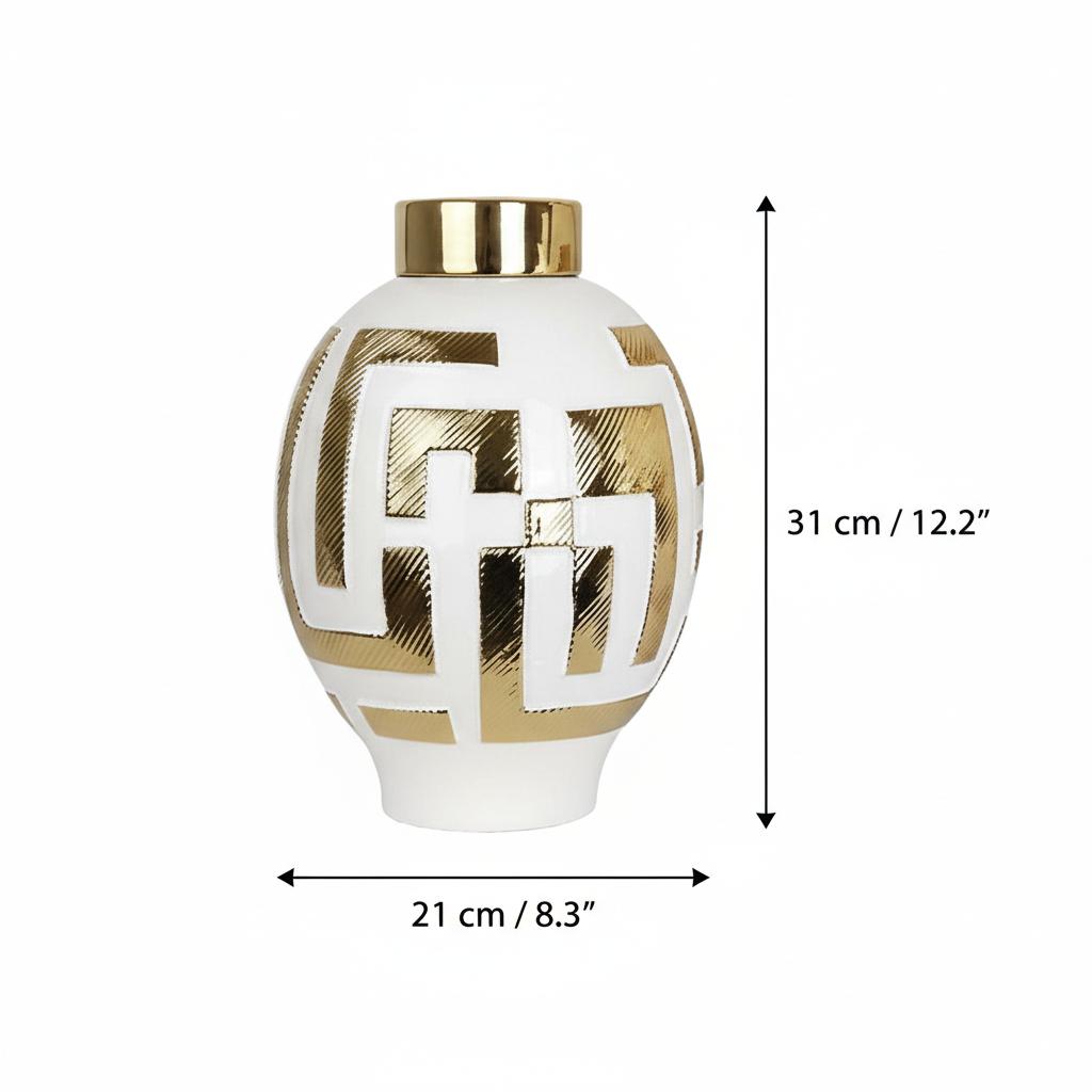Dimensions of white and gold ceramic ginger jar