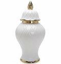 Front view of large white and gold ceramic jar