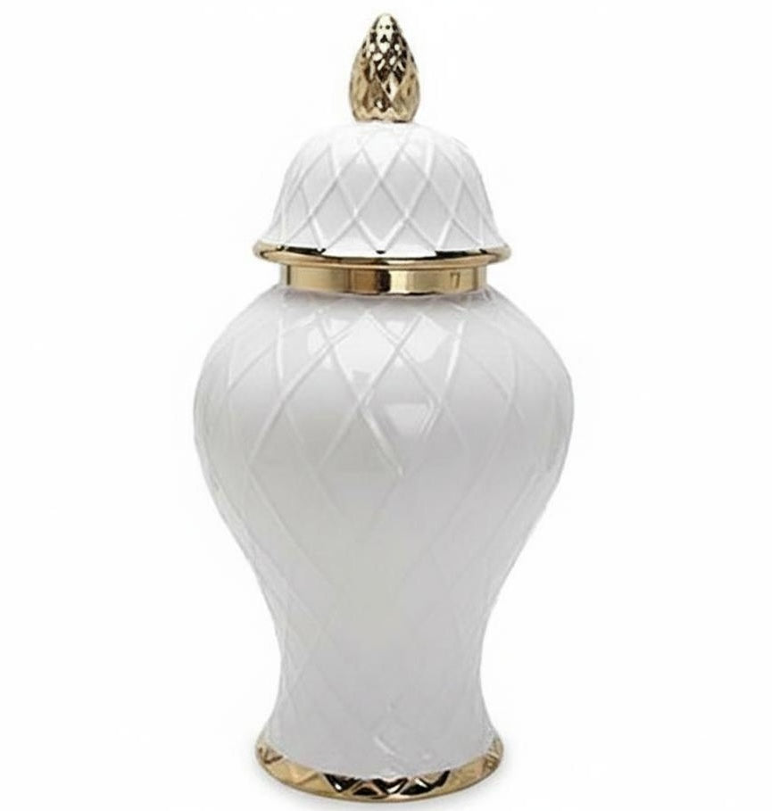 Front view of large white and gold ceramic jar