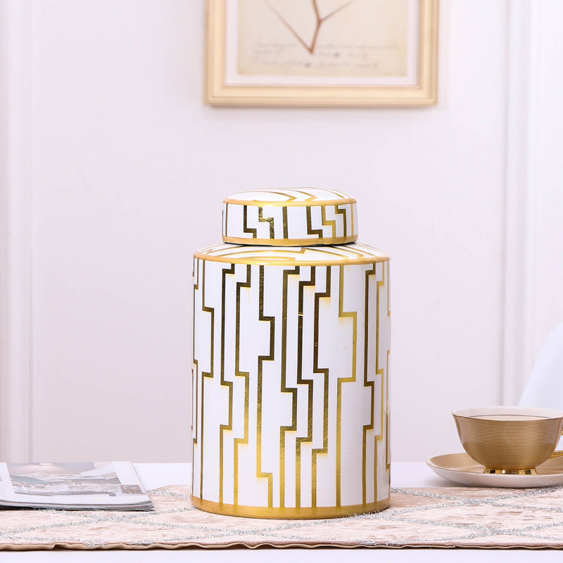 Single white ceramic jar with gold maze design