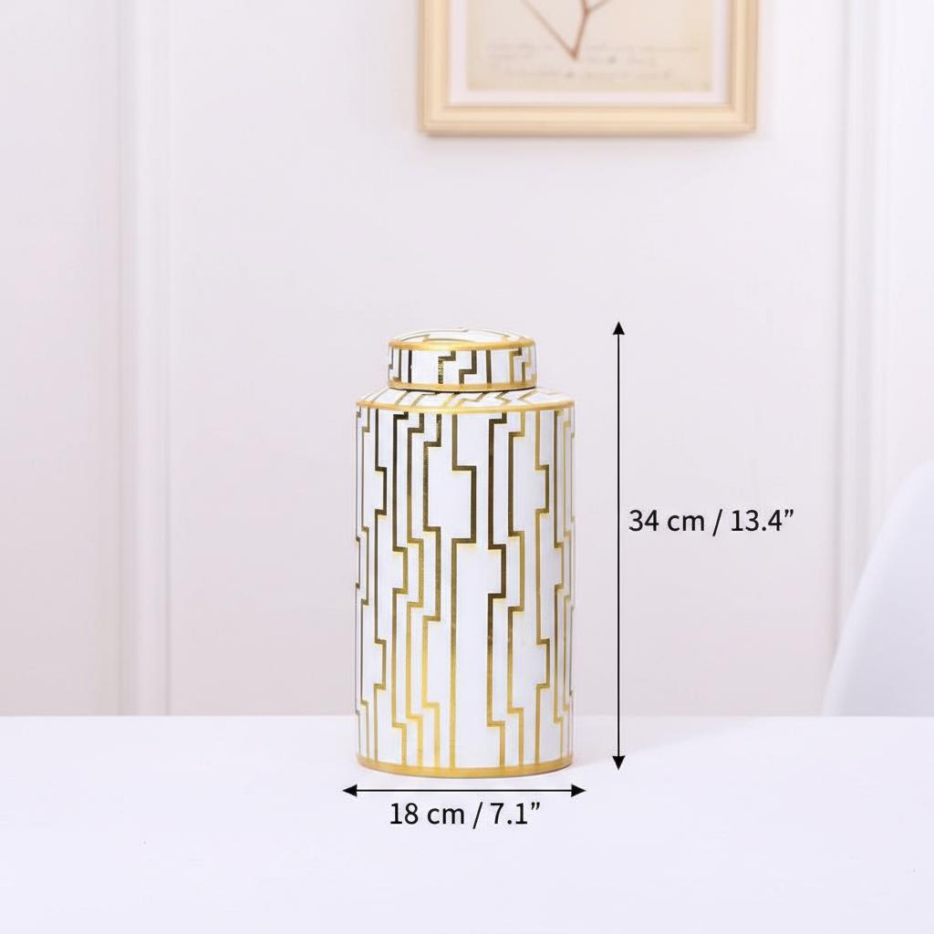 Dimensions of large white and gold ceramic jar
