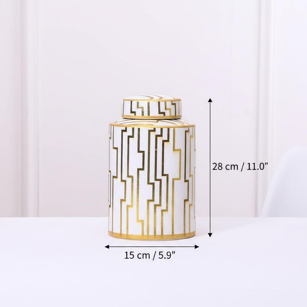 Dimensions of medium white and gold ceramic jar