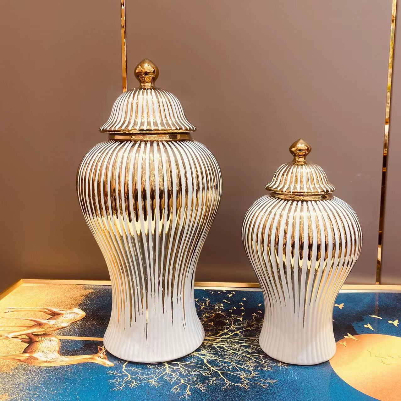 White and gold striped ceramic ginger jars set of two