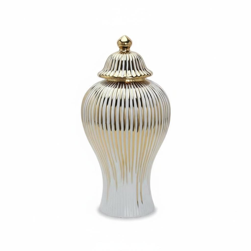 White and gold ribbed ceramic jar with lid