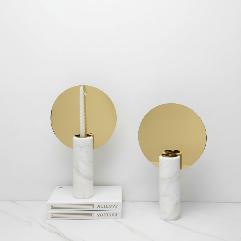 White Marble And Gold Disc Candle Holder