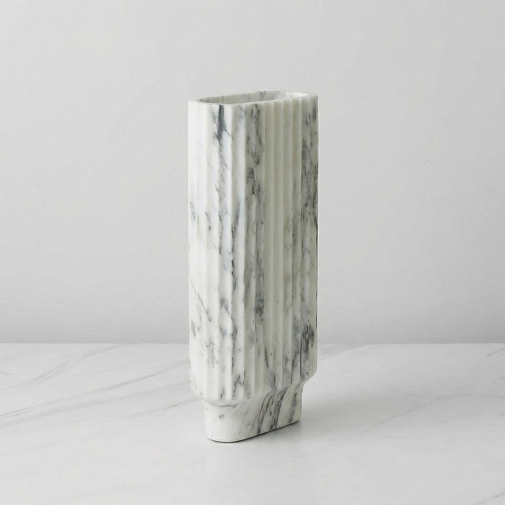 Large white marble ribbed vase angled view