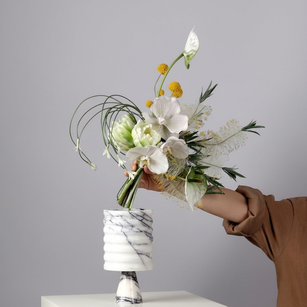 White Marble Ribbed Pedestal Vase