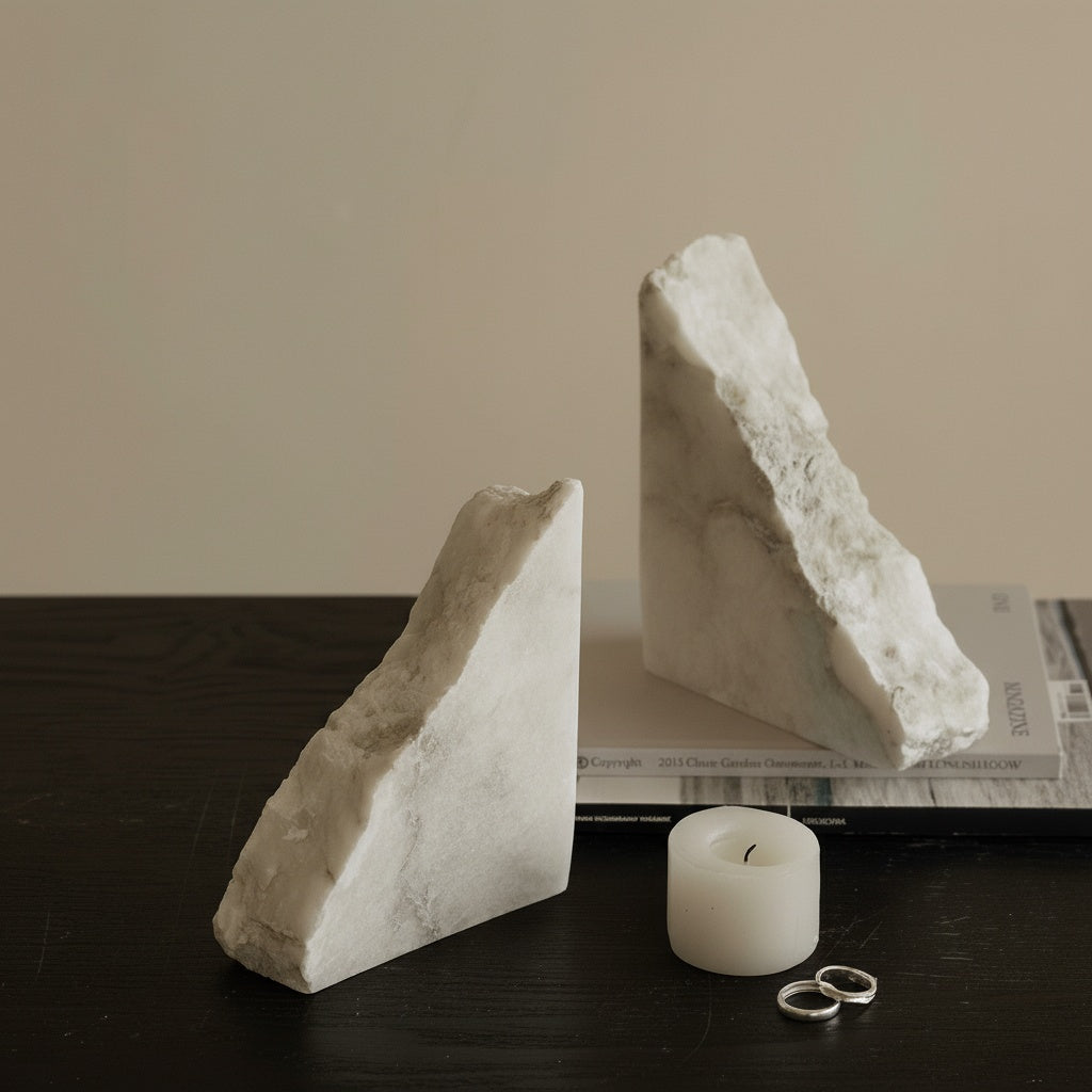 White marble triangular bookends displayed on a dark wooden table