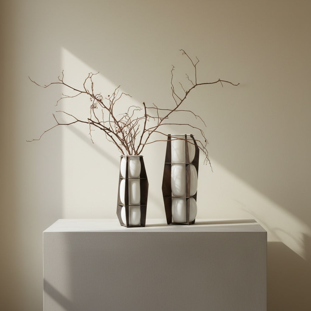 White opal glass vase with blackened metal cage frame holding branches