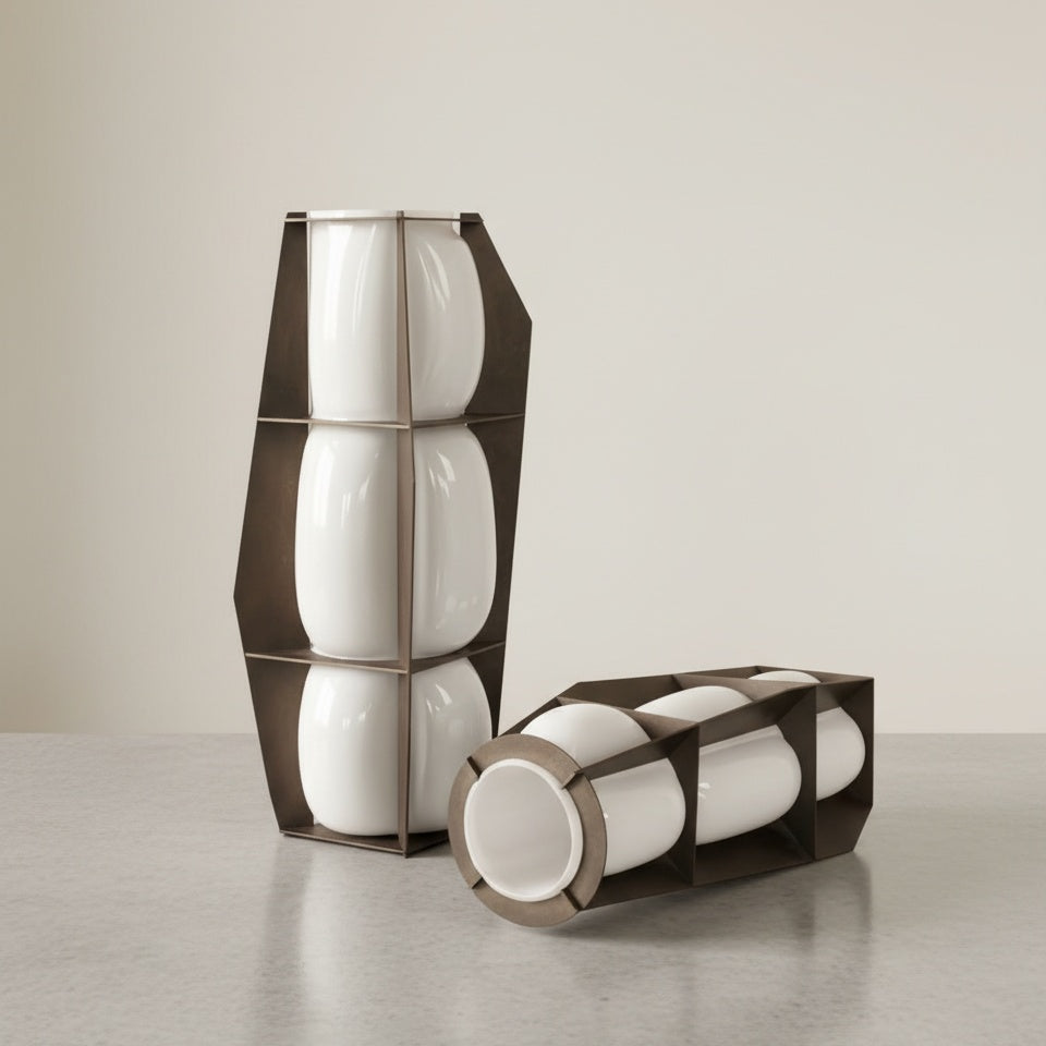 Two white glass and metal caged vases standing and lying down