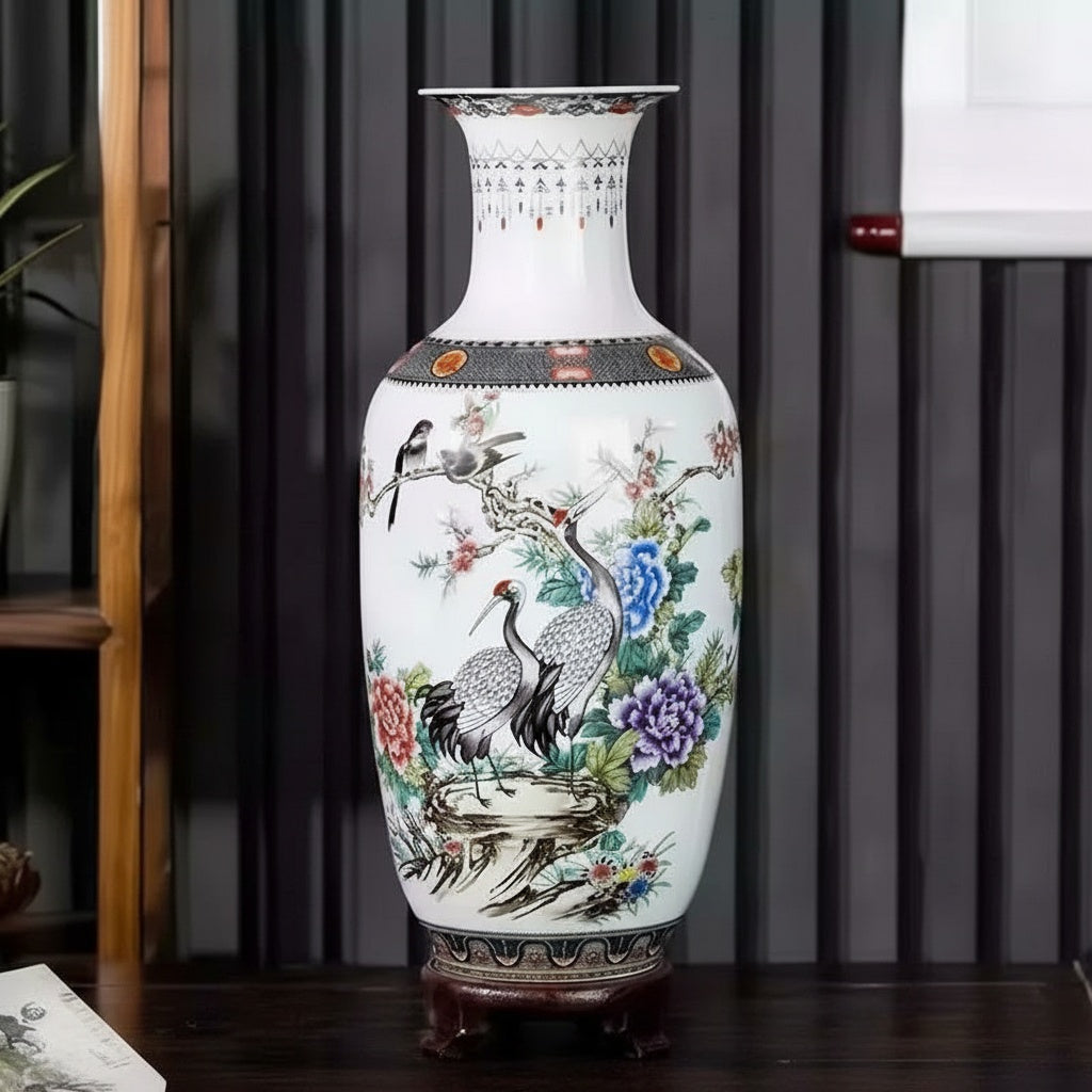 White Porcelain Crane And Peony Tall Vase