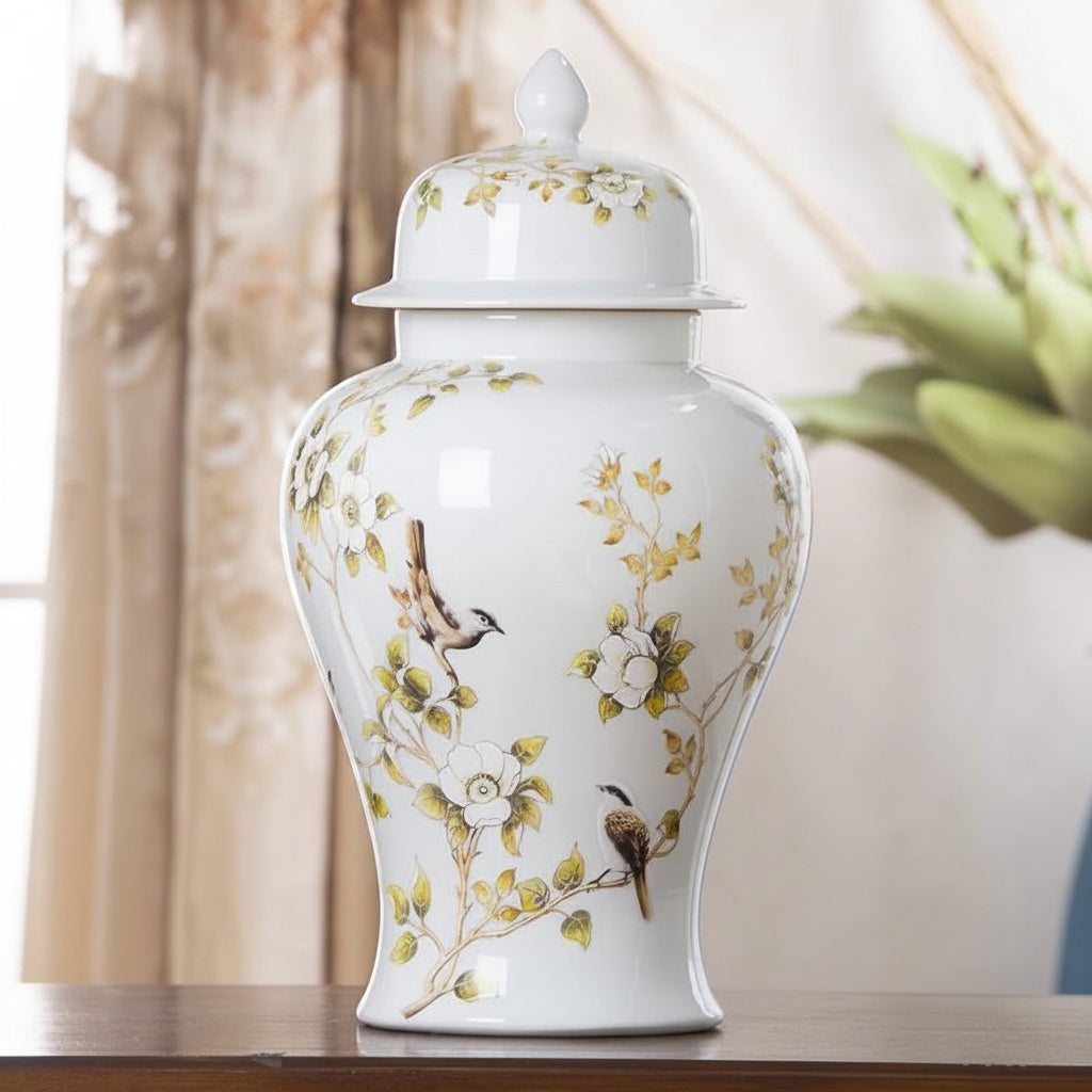 White Porcelain Floral And Bird Temple Jar