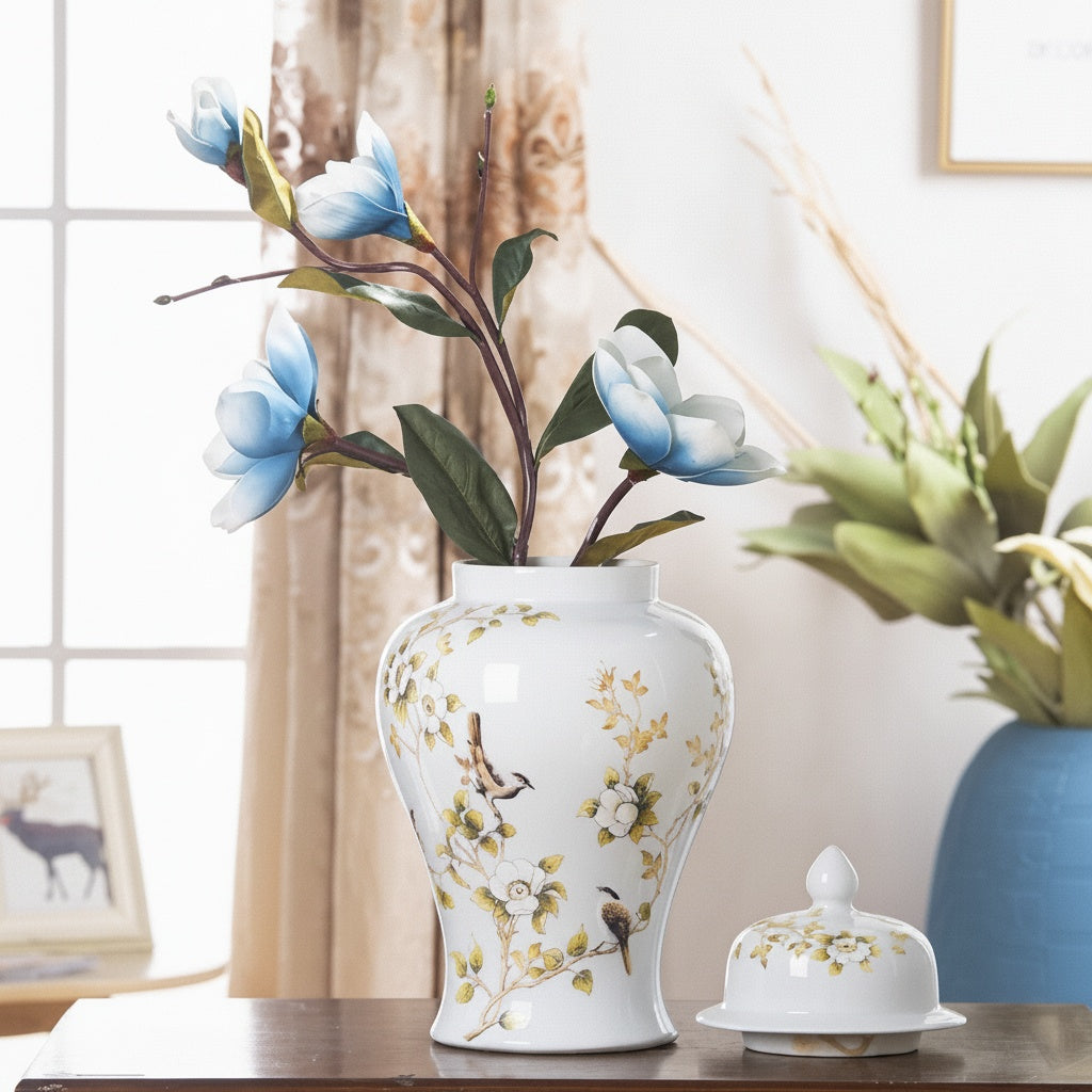 White Porcelain Floral And Bird Temple Jar Open With Flowers