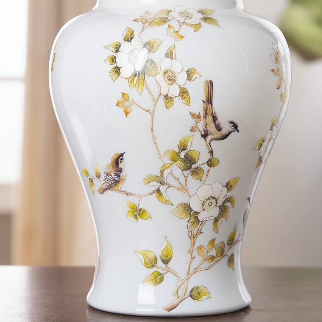 White Porcelain Floral And Bird Temple Jar Close Up Motif
