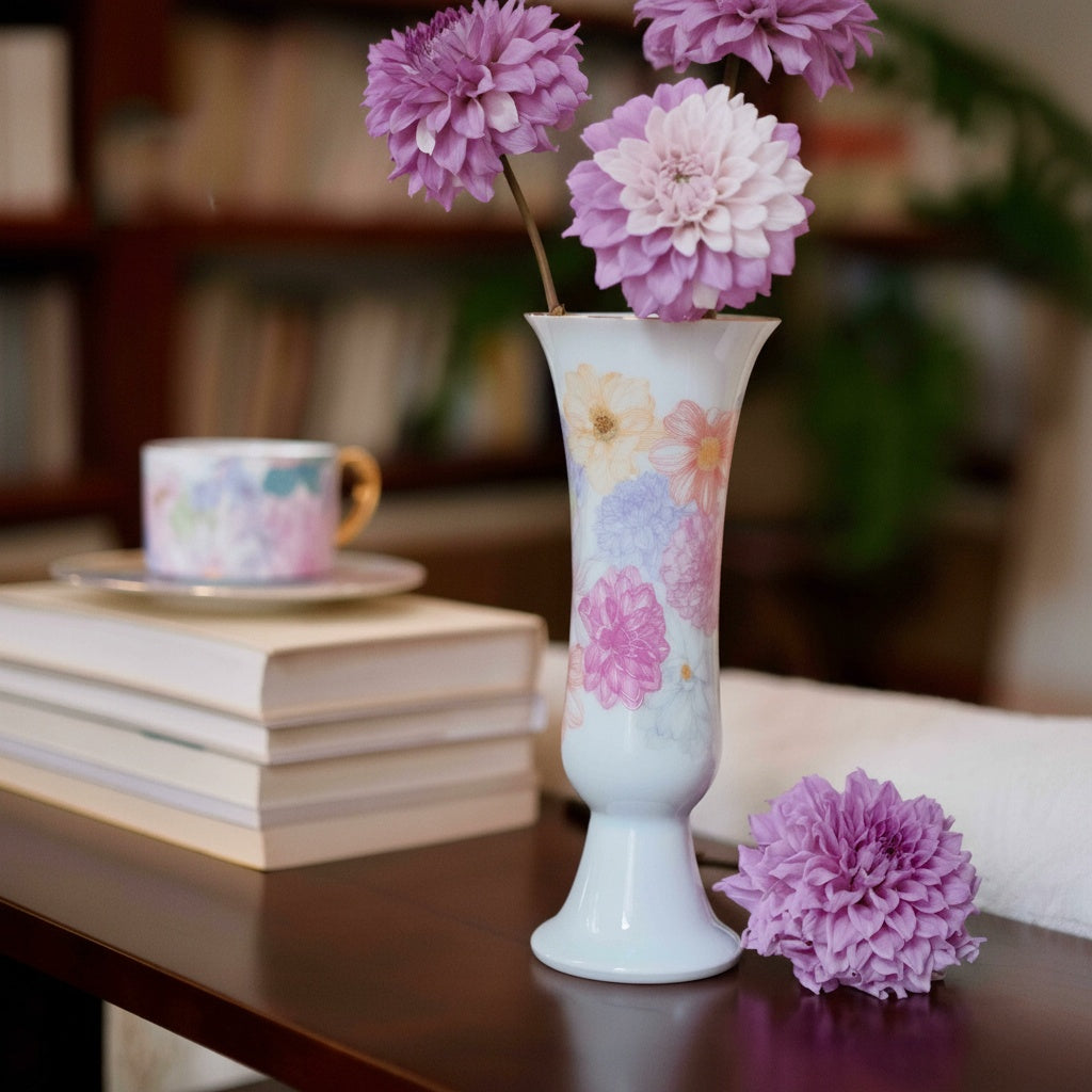 White porcelain floral pedestal vase displayed on a table with flowers