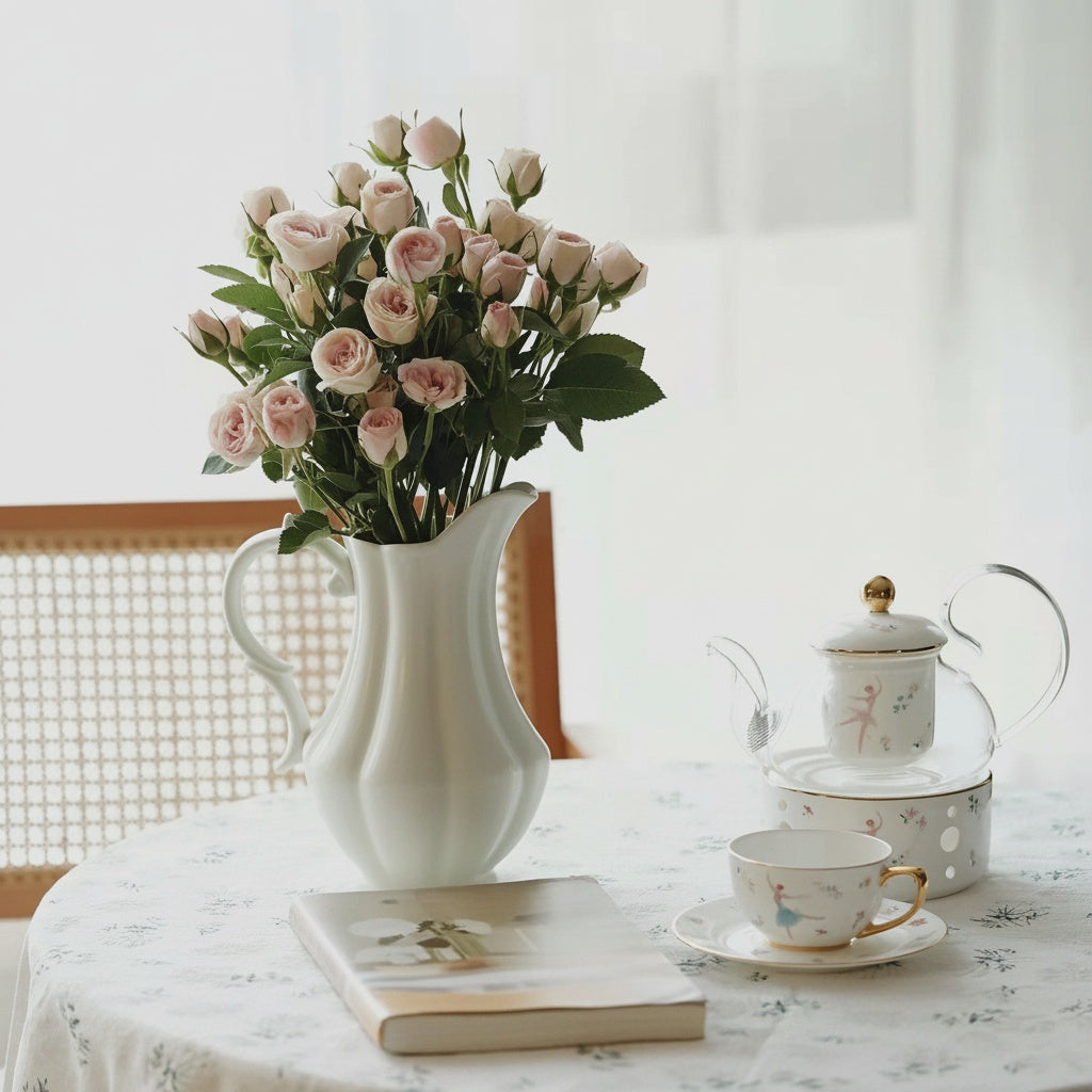 White porcelain fluted pitcher styled as a floral vase on a dining table