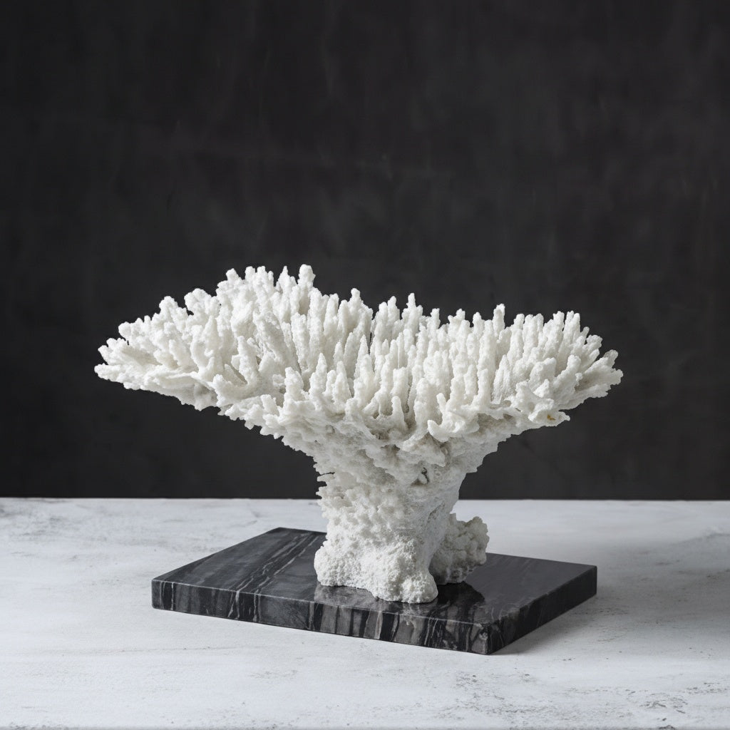 Angled view of faux white coral decor showing branching details