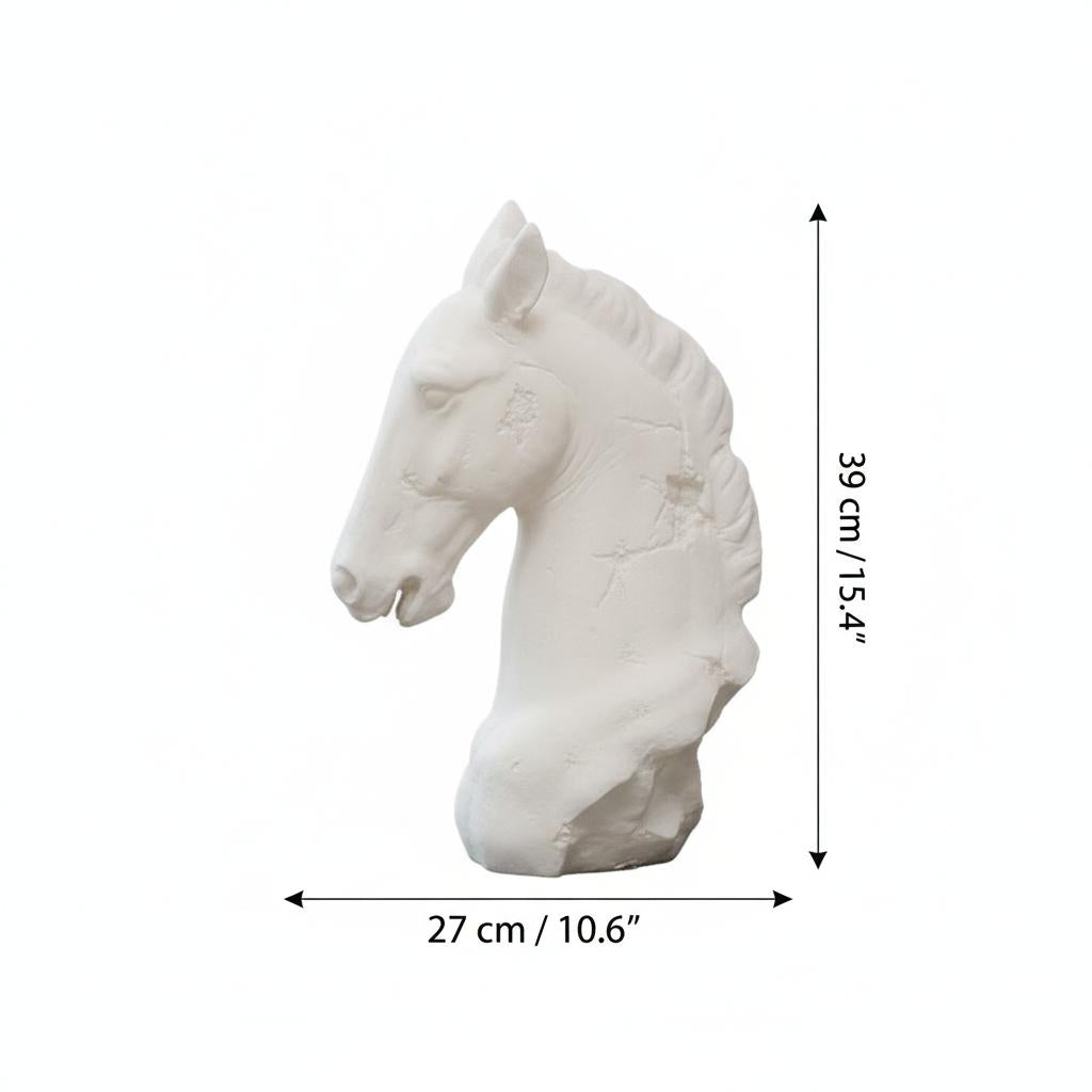 Dimensions diagram of white resin horse head sculpture