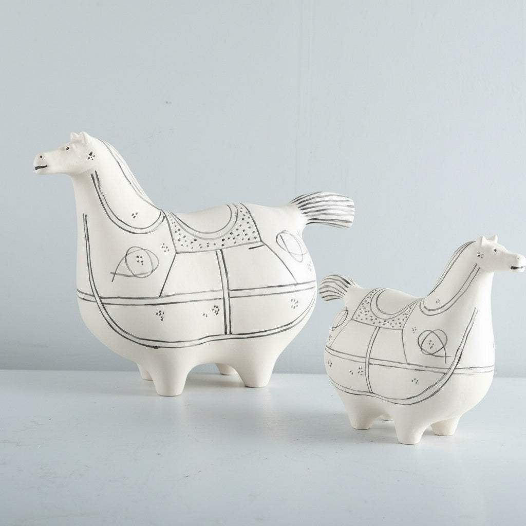 White resin horse sculpture on book stack