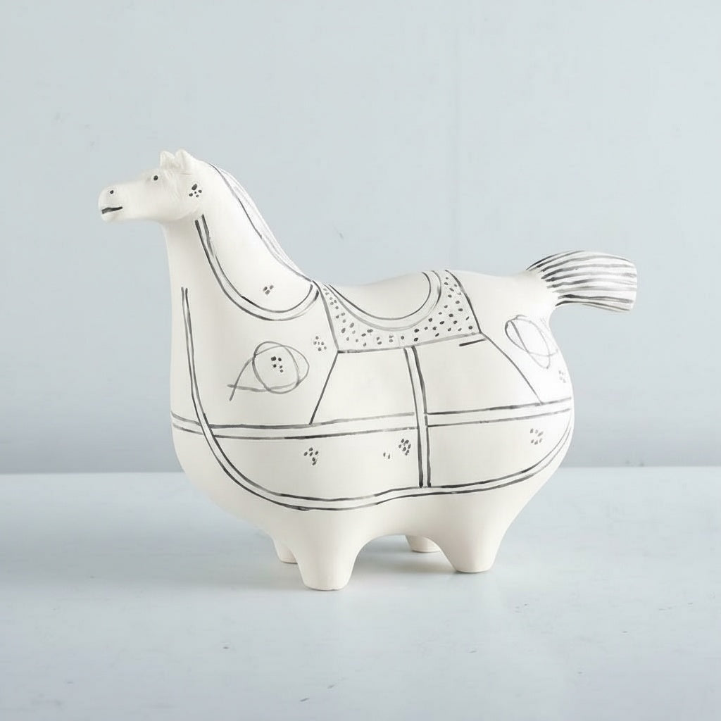 Large white resin horse figurine side view