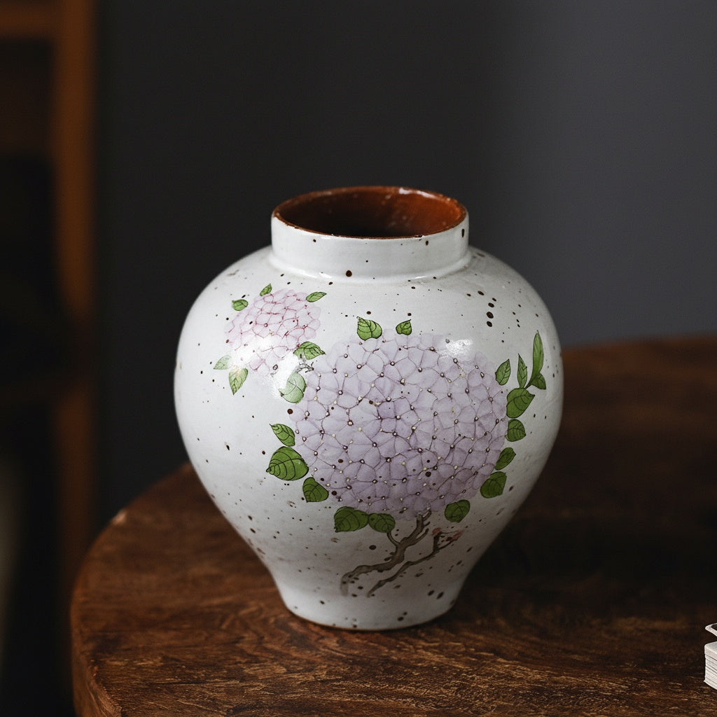 White ceramic jar vase with purple hydrangea design