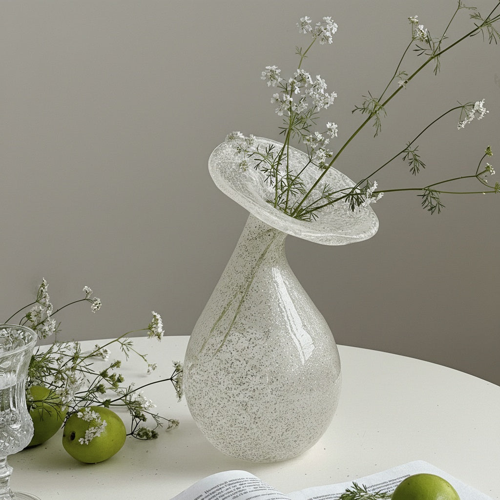 Lifestyle shot of white speckled glass vase holding wildflowers