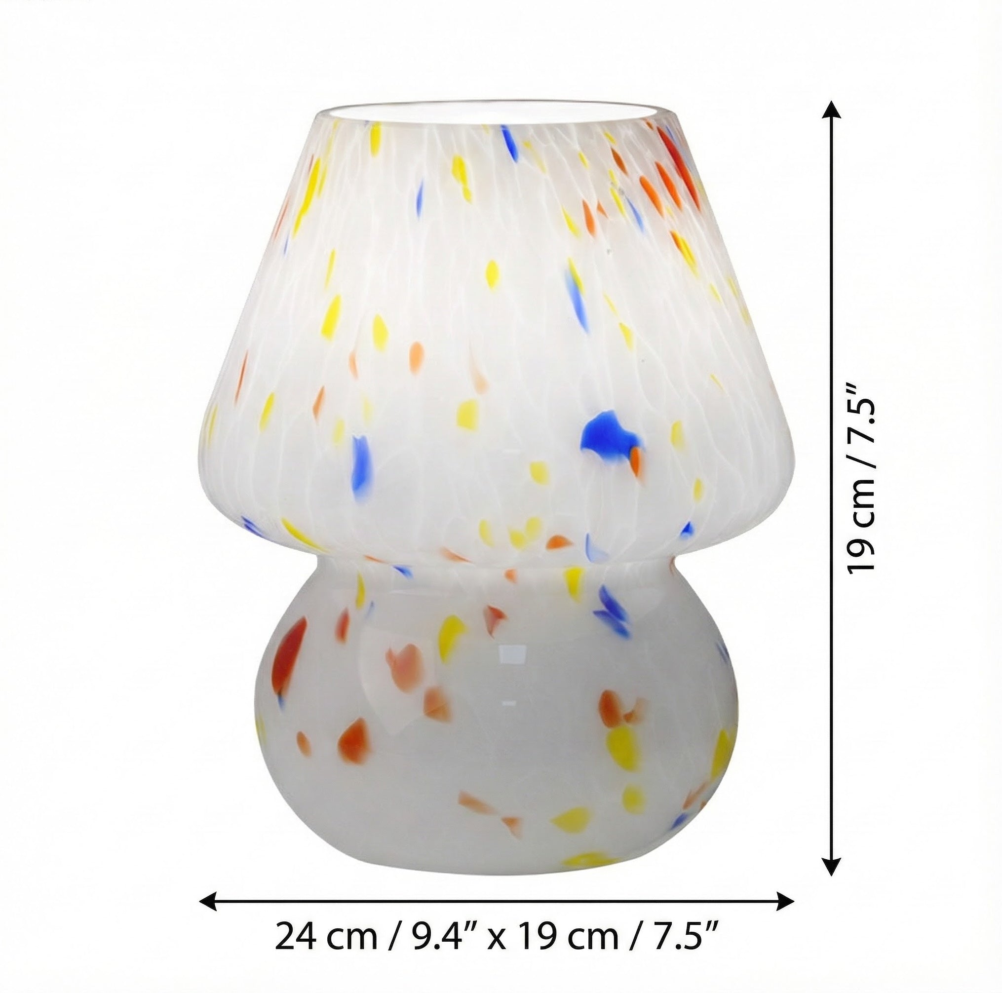 Dimensions diagram of speckled glass mushroom lamp showing 24cm width and 19cm height
