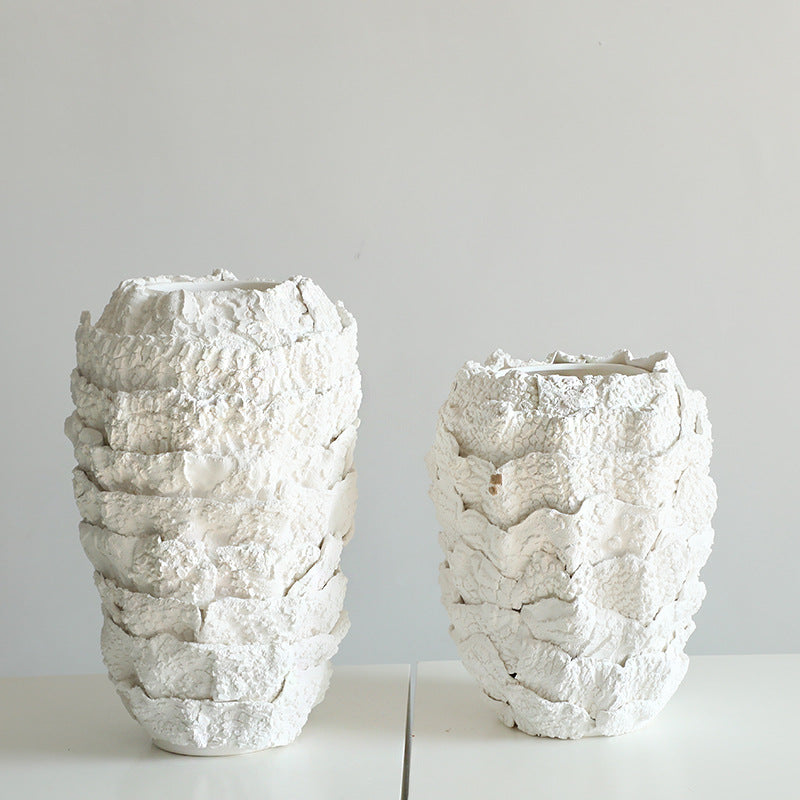 Set of two white layered ceramic vases
