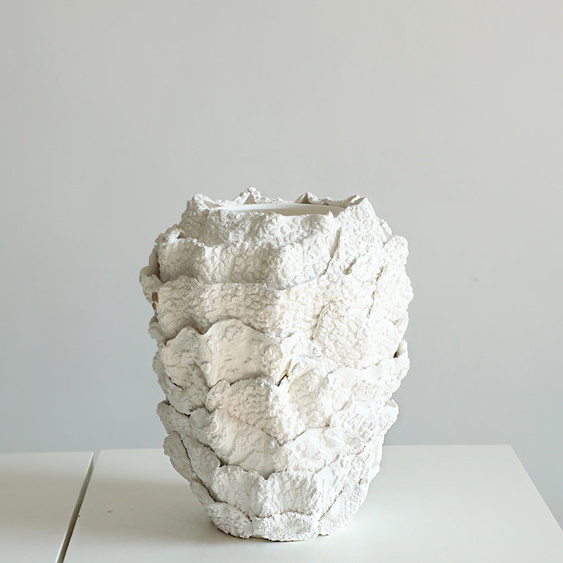Medium white textured ceramic vase side view