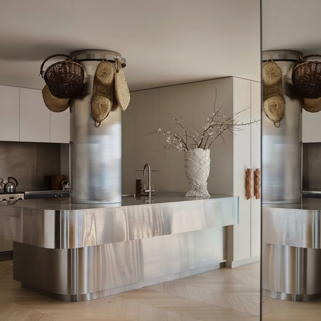 White textured ceramic sculptural vase styled on a modern stainless steel kitchen island