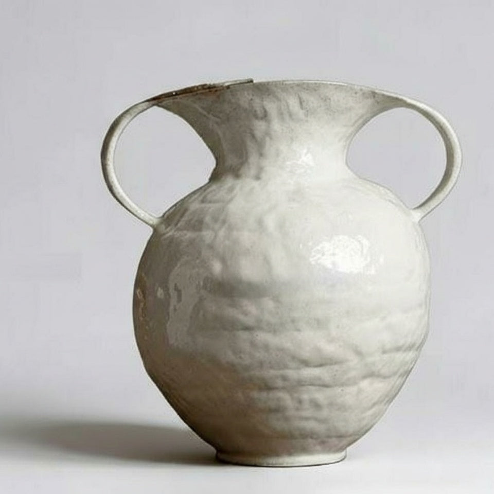 White textured ceramic vase with dual handles front view