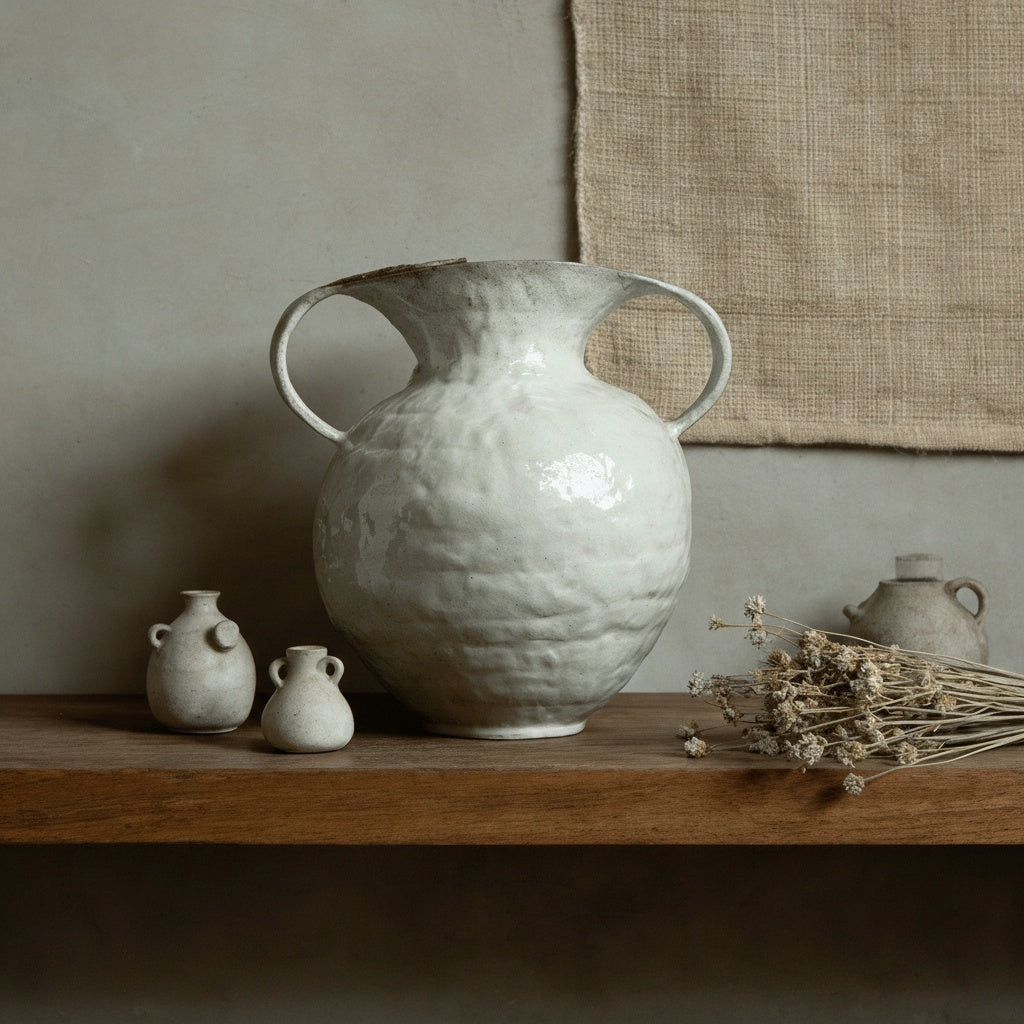 White textured ceramic vase styled on wooden shelf with dried flowers