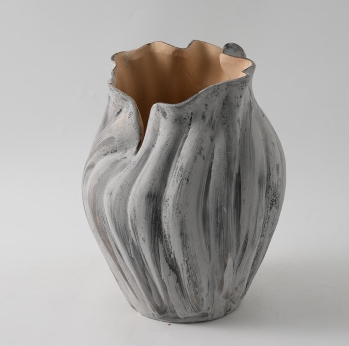 Medium distressed grey ceramic fluted vase angle view