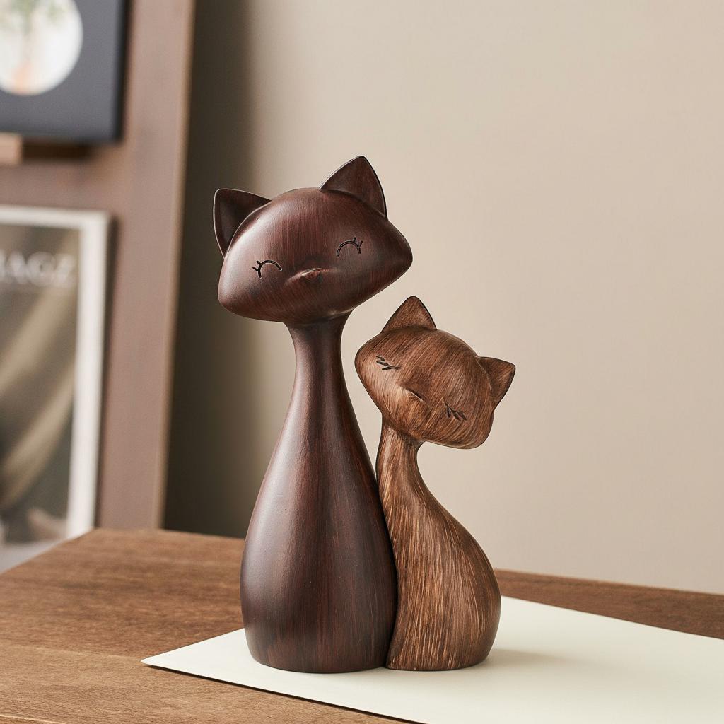 Cat couple figurine close-up showing peaceful closed-eye expressions