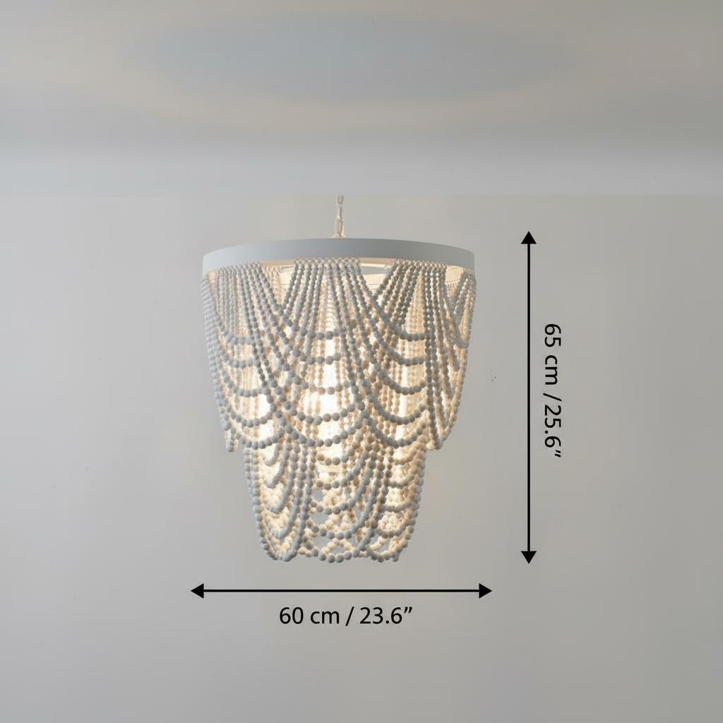 Close up detail of black wooden beads lit from within