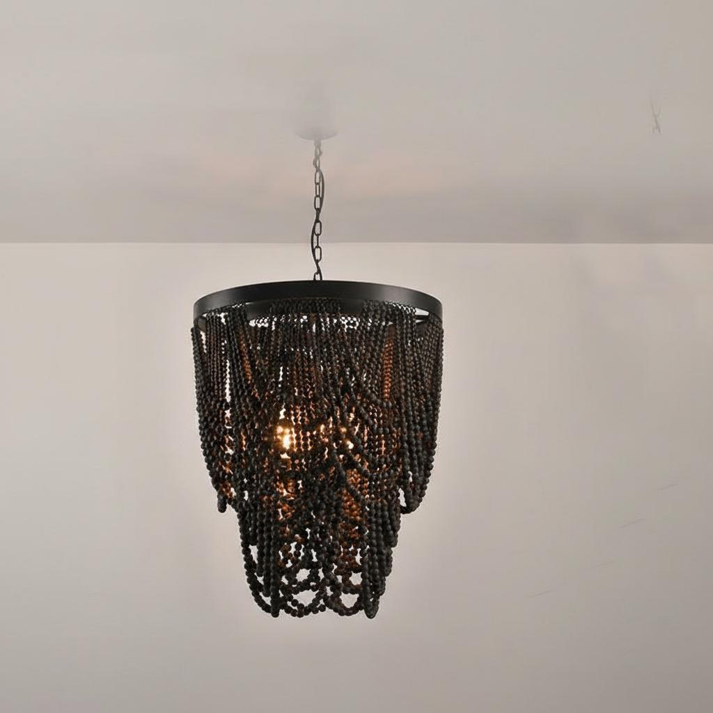 Close up detail of white wooden beads lit from within