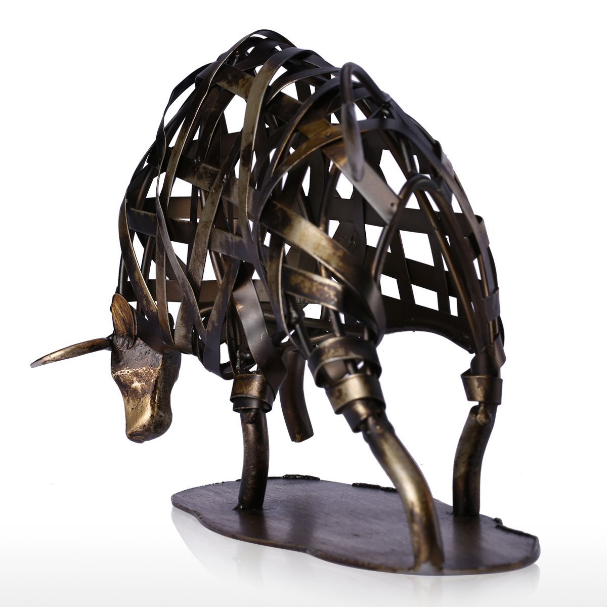 Angled rear view of metal bull figurine showing woven construction