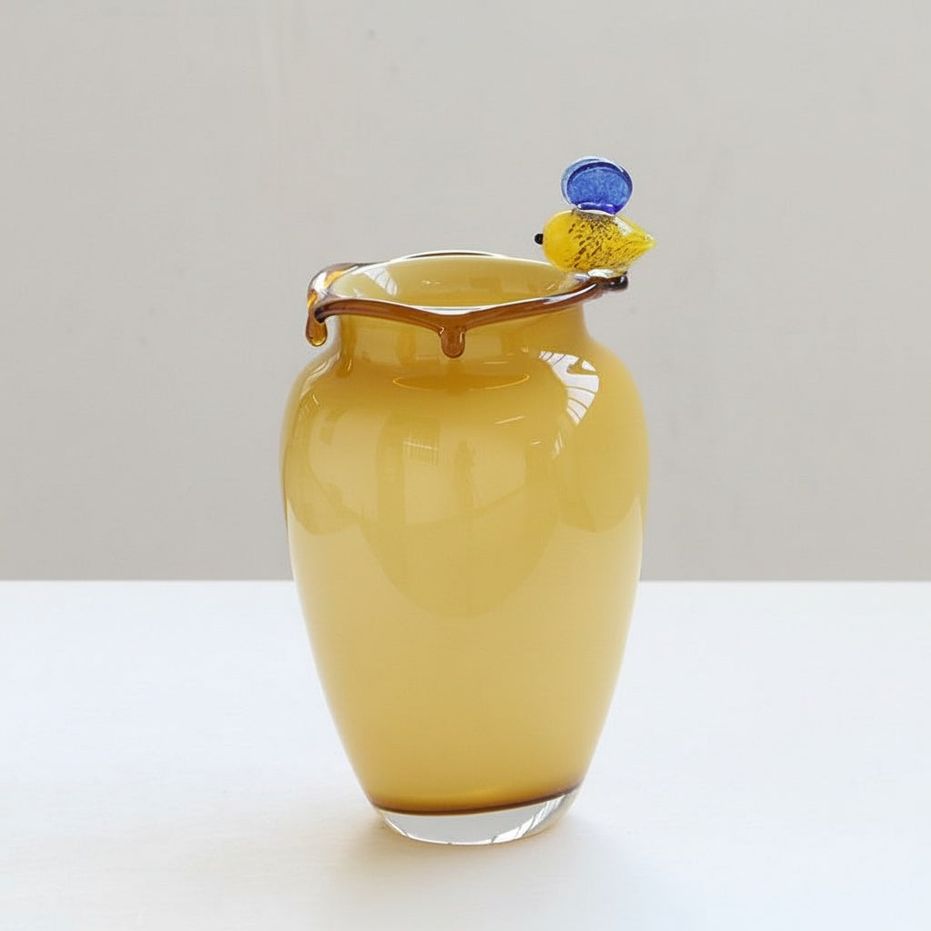 Yellow Art Glass Decorative Vase With Bird Accent