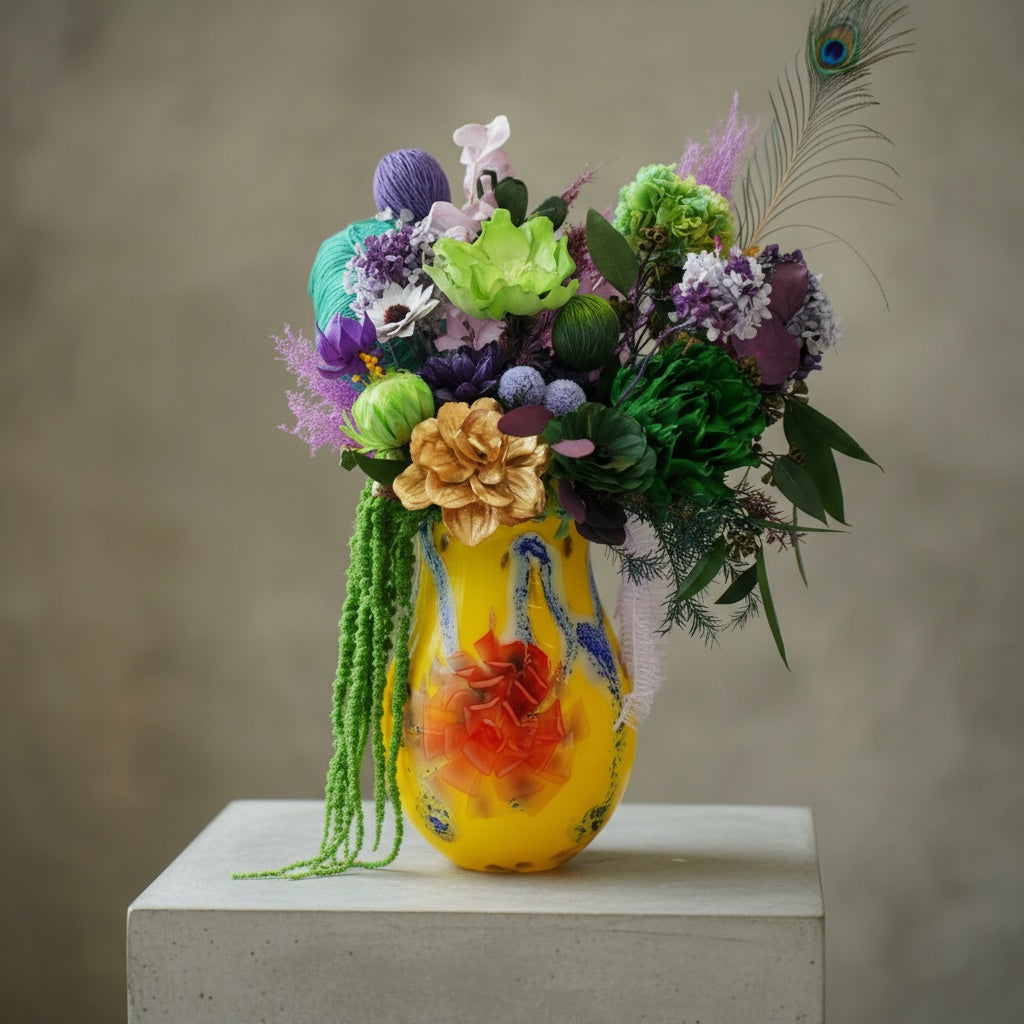 Yellow art glass vase styled with colorful floral arrangement