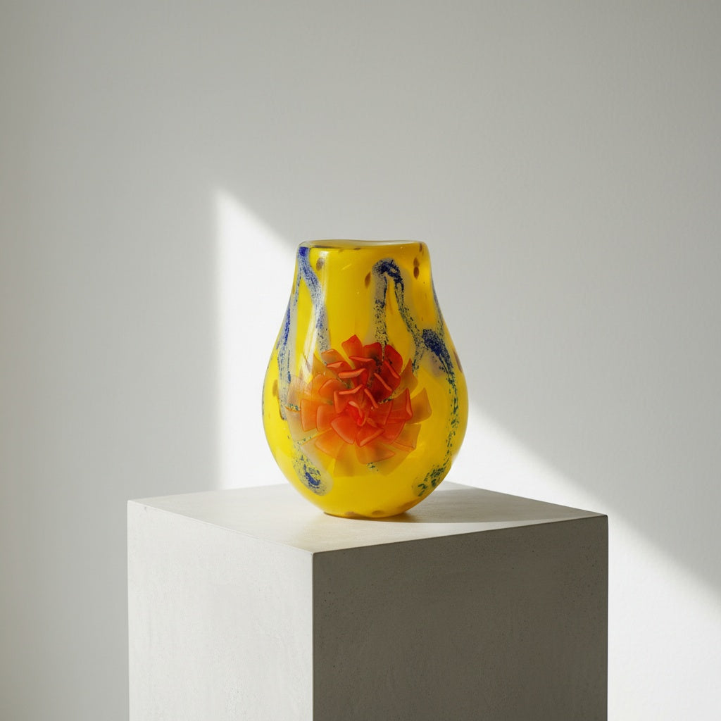 Close up of heavy yellow glass vase with red floral pattern
