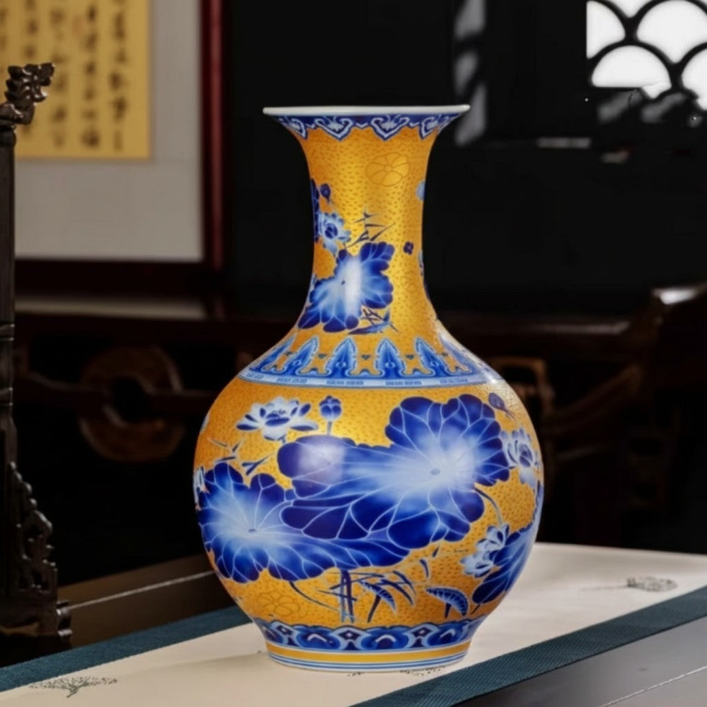 Yellow and Blue Floral Porcelain Vase