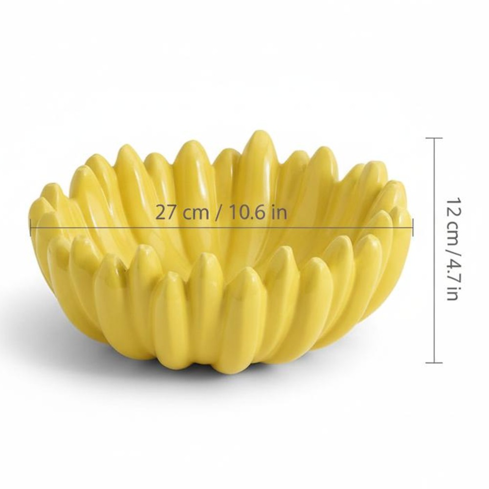 Yellow ceramic fruit bowl with size dimensions 27 cm width 12 cm height
