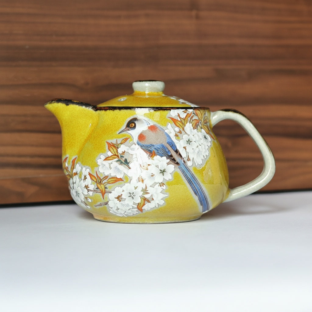 Yellow Ceramic Bird And Blossom Teapot