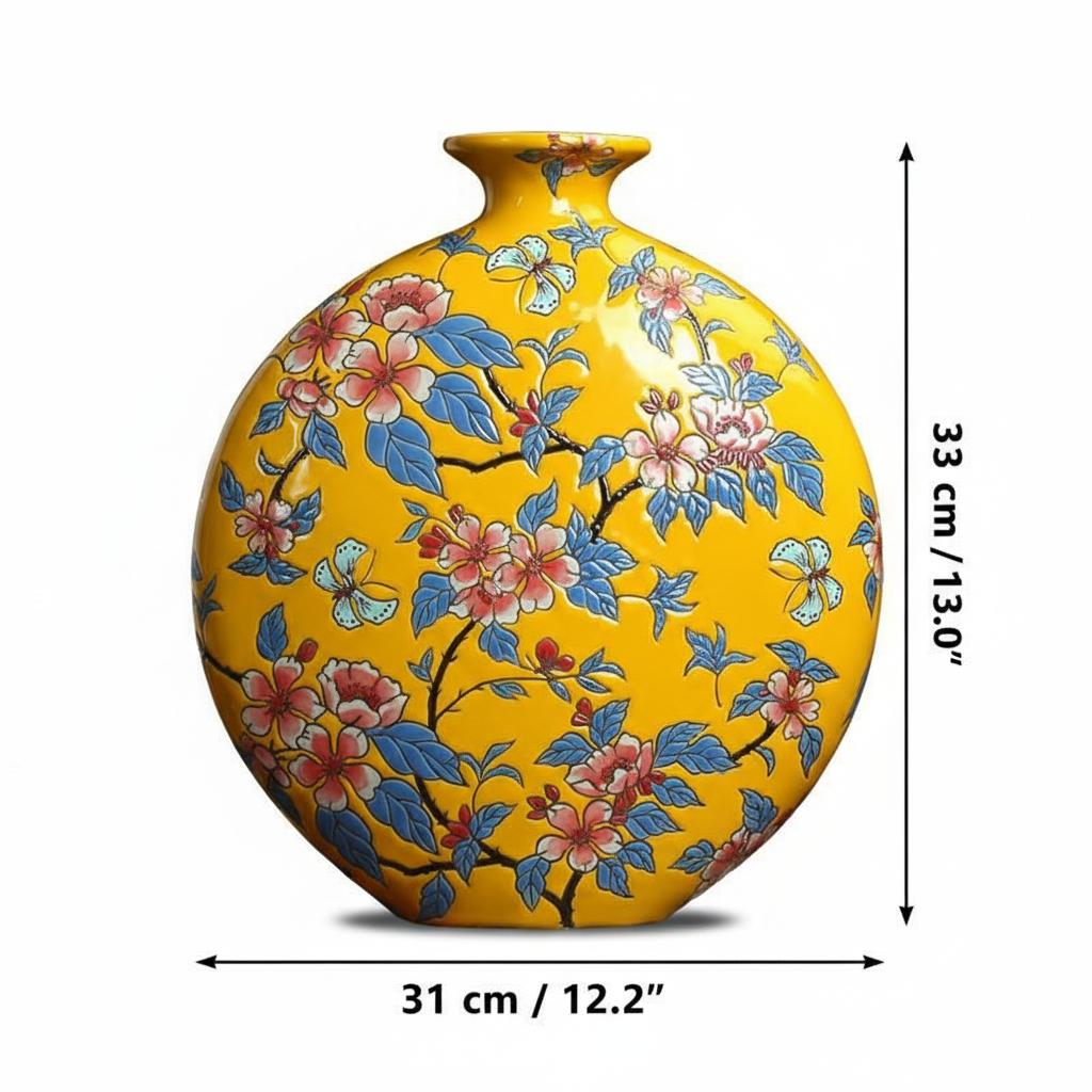 Dimensions diagram of the yellow ceramic vase