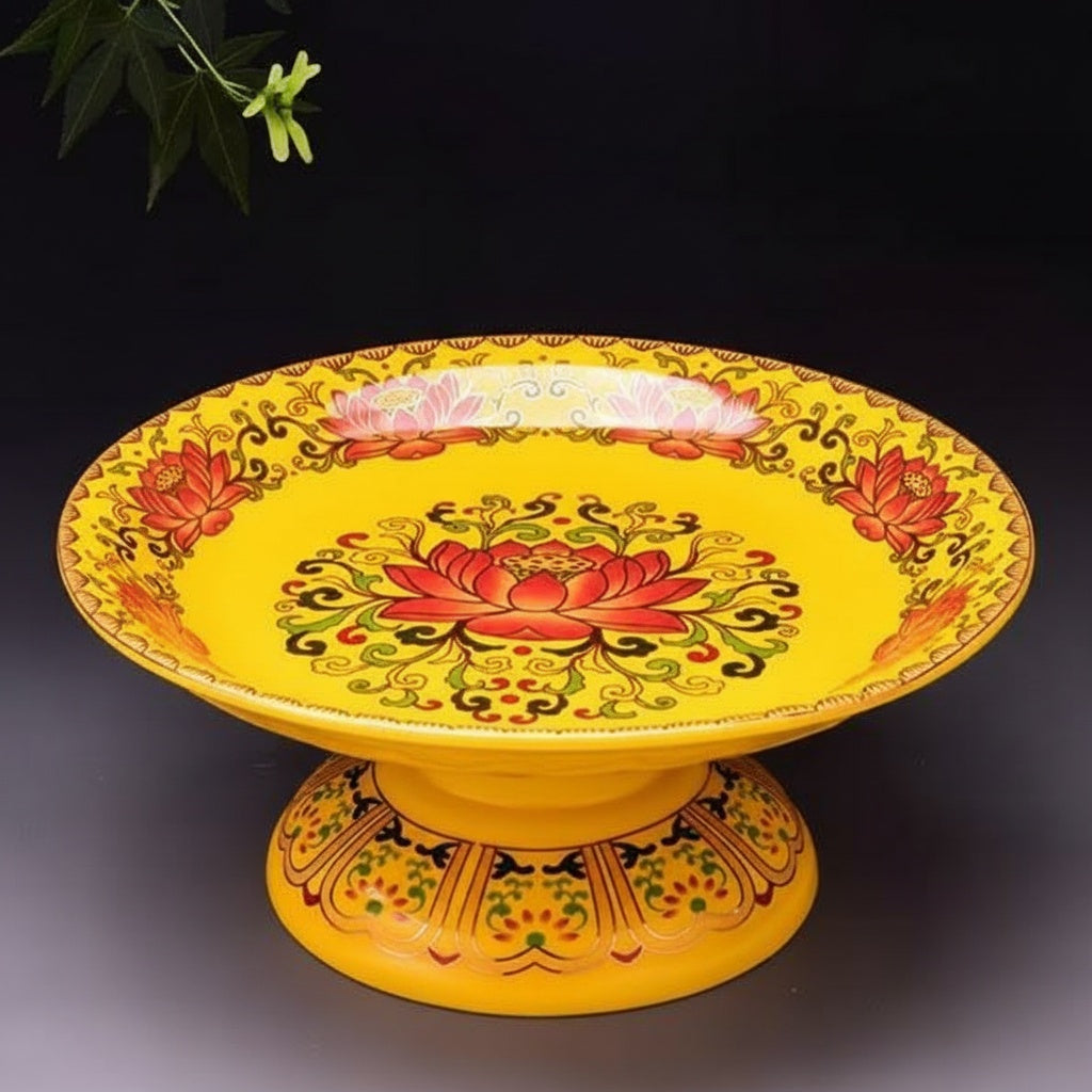 Yellow Ceramic Lotus Motif Pedestal Bowl
