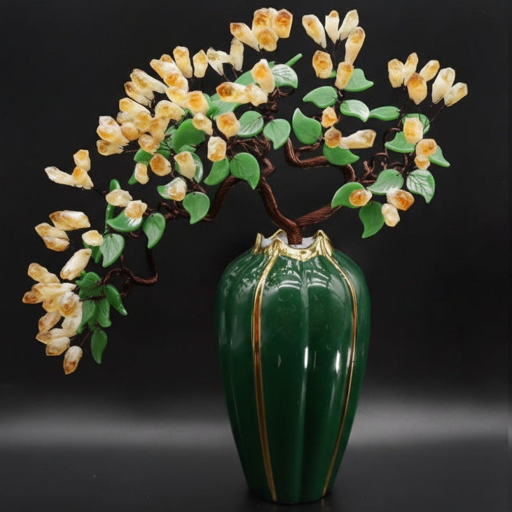 Yellow Crystal And Ceramic Floral Bonsai Sculpture
