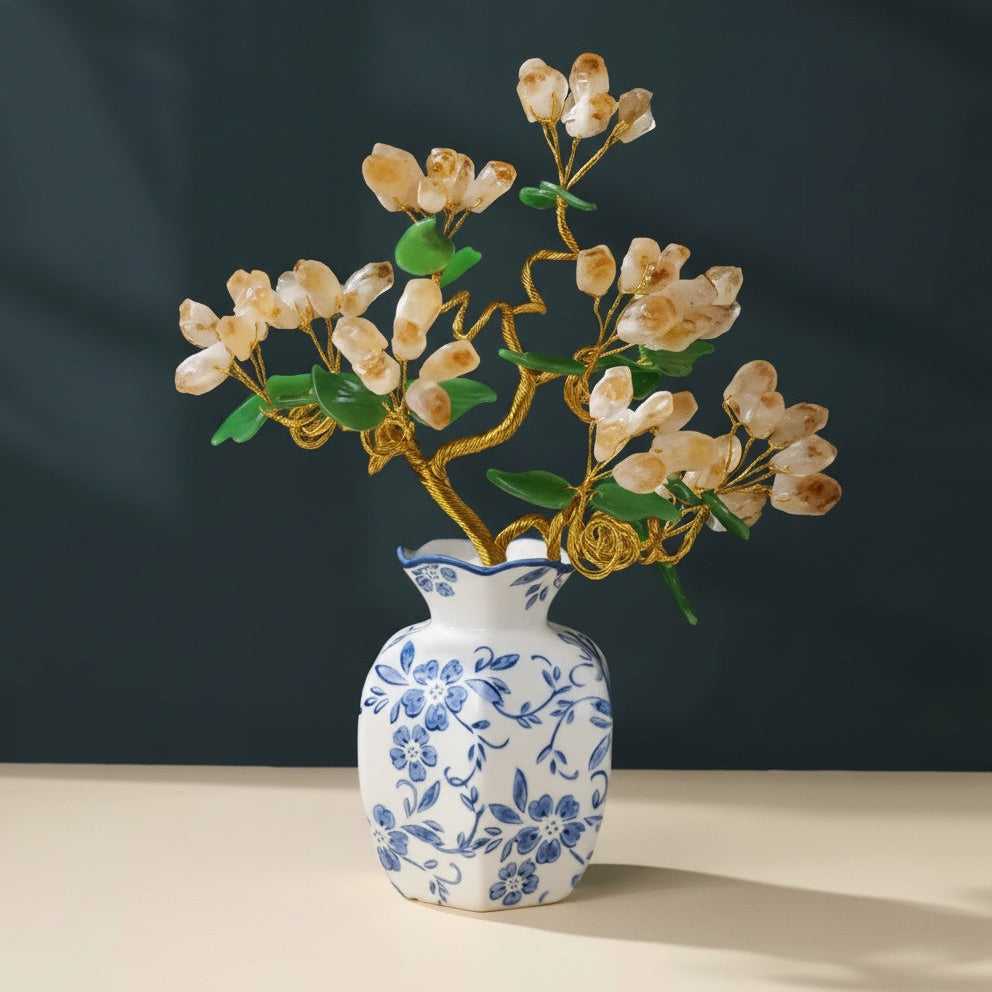 Yellow Crystal And Porcelain Floral Sculpture