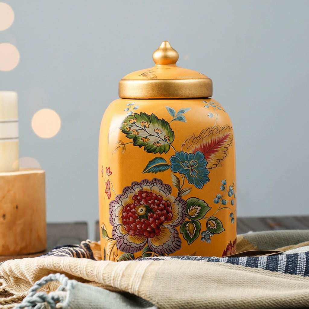 Front view of yellow floral ceramic ginger jar with gold lid