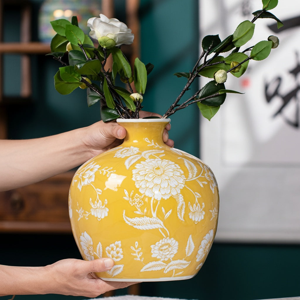 Yellow Floral Ceramic Round Vase